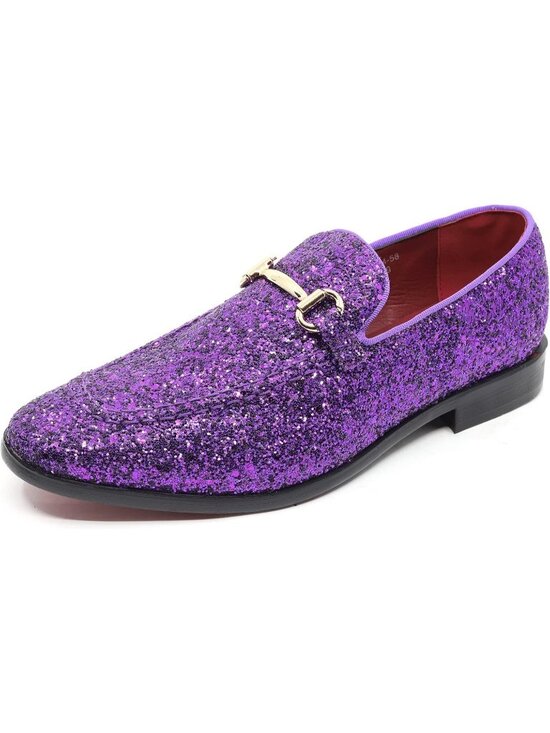 Metrocharm Men\'s Purple Glitter Rubber Velvet Loafers Gold Buckle Slip On Shoes main image 5